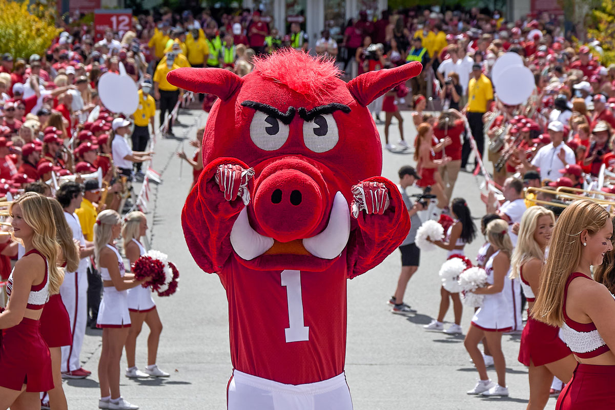Big Red outside of Razorback Stadium before a football game