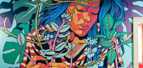 Abstract sketch of woman face and plants